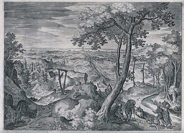 A bucolic scene with hanging trees and racks outside a village where travellers and farmers go about their business. Etching with engraving after H. Bol.