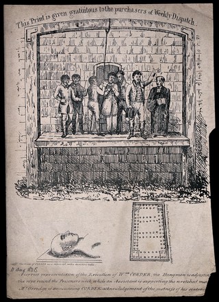 Above, the execution of William Corder by hanging in 1828; below, William Corder's head as it appeared on the dissecting table and the iron entrance door to the scaffold. Lithograph by Bean and Mundays.