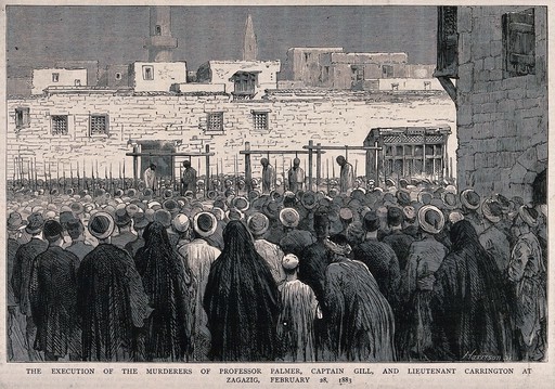 The hanging of the murderers of Professor Palmer, captain Gill and Lieutenant Carrington at Zagazig in 1883. Wood engraving by Harrison.