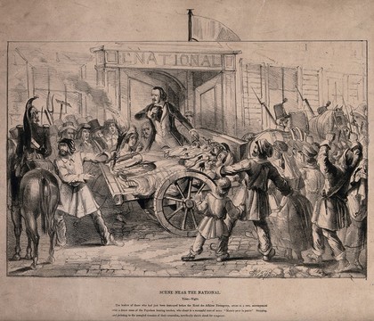 A cart laden with casualties of the French Revolution of 1848 is driven past The National in Paris passing a lamenting crowd. Lithograph.