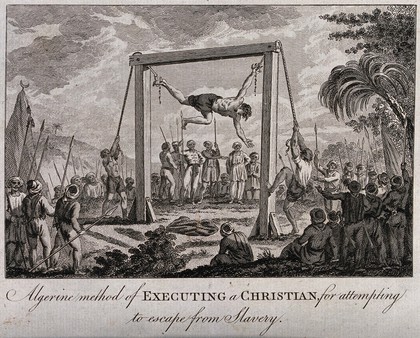 The execution of a Christian prisoner in Algeria by suspending him from a wooden frame by hooks penetrating his right arm and leg. Etching with engraving.