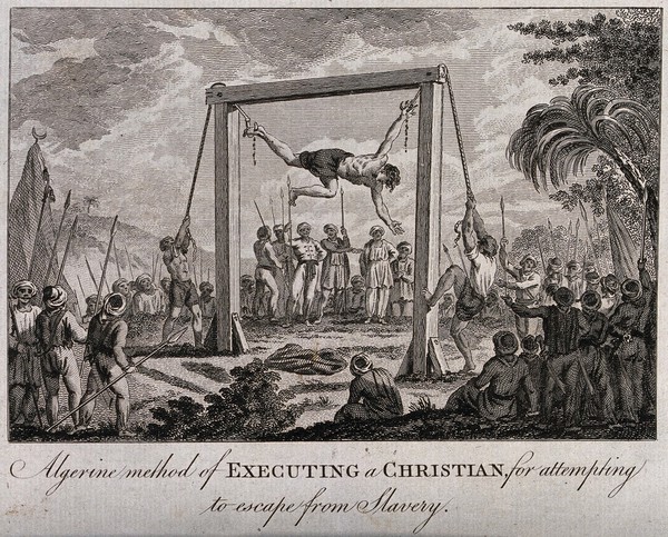 The execution of a Christian prisoner in Algeria by suspending him from a wooden frame by hooks penetrating his right arm and leg. Etching with engraving.