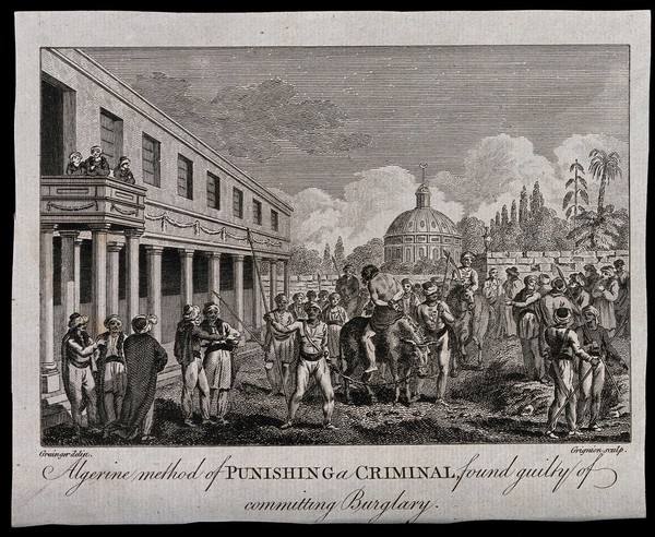 Algerians torturing a burglar by cutting off his right hand, hanging it around his own neck and tying him on a bull with the remaining hand. Etching with engraving by Grignion after W. Grainger.