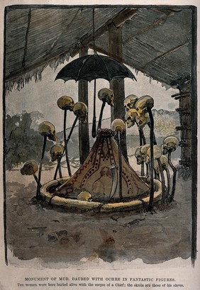 A Ba-yanzi monument of mud, daubed with ochre in fantastic figures and surrounded with skulls on sticks. Coloured wood engraving after E.J. Glave and H. Ward.