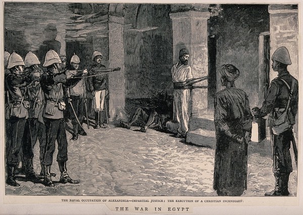 The shooting of a Christian incendiary in Alexandria during the war in Egypt. Wood engraving.