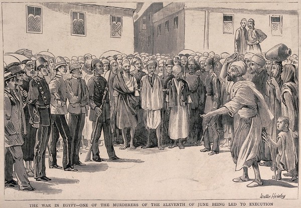 An assassin is led to his execution during the war in Egypt. Wood engraving by W. Horsley.