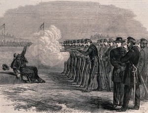 view The execution of a deserter in the Federal Camp, Alexandria, during the Civil War in America. Wood engraving.