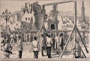 view The execution of Suleiman Daoud by hanging in the Great Square, for ordering the burning of the city. Wood engraving.