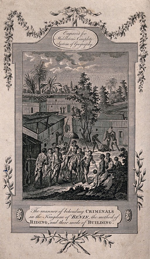 Beninois leading a man from a hut to a place where he will be beheaded with a hatchet. Engraving with etching.