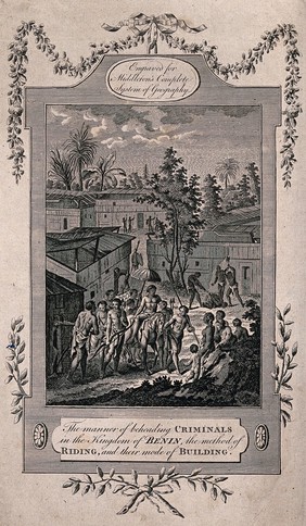 Kingdom of Benin, Nigeria: a grandee riding on horseback with his attendants; the beheading of a criminal; the use of retractable roofs in houses. Engraving, 1777.