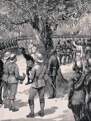 view Execution of a Sudanese mutineer by hanging. Wood engraving by C.J. Staniland.