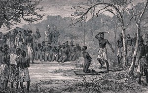 view The execution of slaves by means of beheading by the Bakuti, near Equator Station. Wood engraving.