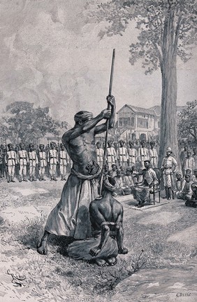 A ritual execution whereby a victim kneels on the ground with his hands tied at the back having a spear thrust through his left shoulder, presumably piercing the heart. Wood engraving by G.-L. Devos after E. Riou.