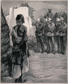 Execution by firing squad of a Ghazi, or Muslim militant, at the Peshawur Gate in Jellalabad during the Afghan War. Wood engraving by W.I. Mosses after W.H. Overend.