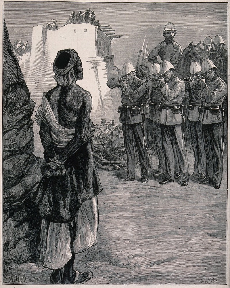 Execution by firing squad of a Ghazi, or Muslim militant, at the Peshawur Gate in Jellalabad during the Afghan War. Wood engraving by W.I. Mosses after W.H. Overend., [1879], by William Heysham Overend