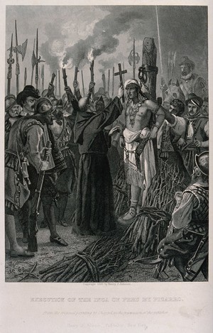 view The execution of the Inca Emperor Atahuallpa on the stake, ordered by Pizarro. Line engraving with etching after E. Chappel.