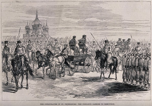 Russian Nihilists tied to chairs on horse-drawn platforms being paraded past groups of soldiers on their way to their execution in St. Petersburg. Wood engraving.