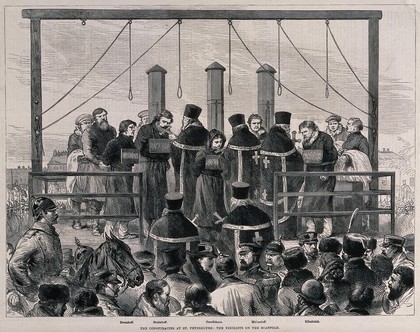 Russian Nihilists are given the last rites before their execution at the scaffold. Wood engraving.