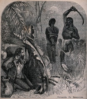 view A white man hides behind a make-shift shelter made from banana-leaves watching the beheading of a naked black man with a hatchet. Wood engraving by H.S. Melville.