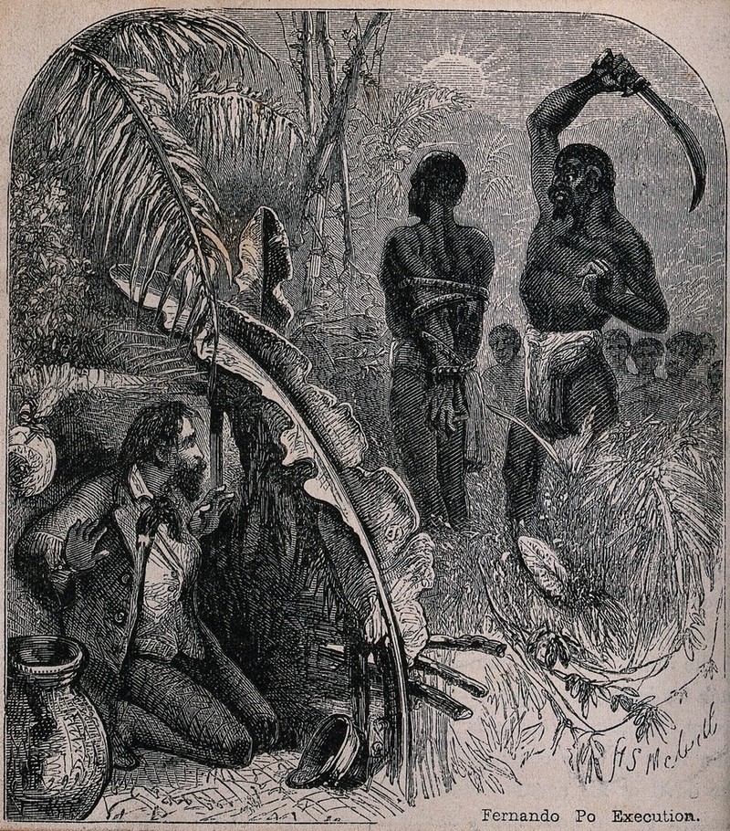 A white man hides behind a make-shift shelter made from banana-leaves watching the beheading of a naked black man with a hatchet. Wood engraving by H.S. Melville., by Harden Sidney Melville