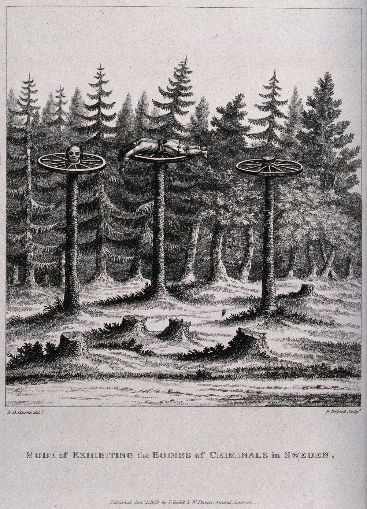 A head, a hand and a torso of a criminal, each deposited on a cartwheel on top of a stripped tree-trunk. Engraving by R. Pollard after E.D. Clarke, 1819., 1 January 1819, by Edward Daniel Clarke