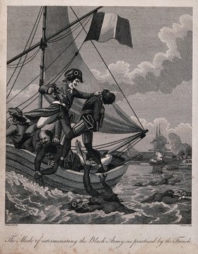 French sailors throwing manacled black soldiers off a ship into the a sea populated by large carnivorous animals. Engraving by J. Barlow after M. Rainsford.