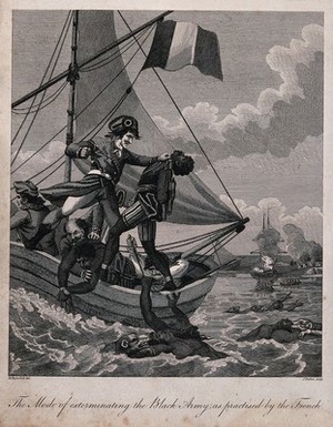 view French sailors throwing manacled black soldiers off a ship into the a sea populated by large carnivorous animals. Engraving by J. Barlow after M. Rainsford.