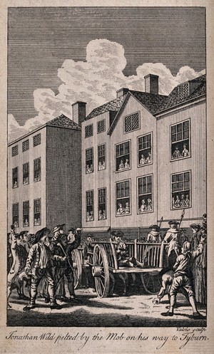 view Jonathan Wild, the thief-taker, sitting on a cart, is pelted by the mob on his way to Tyburn. Engraving by Valois.