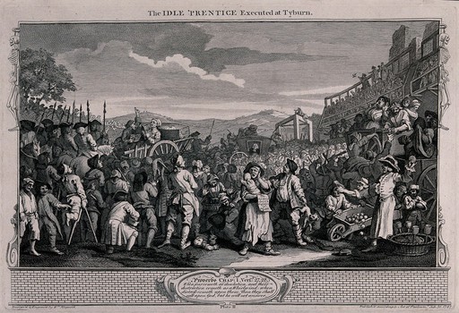 A crowd of curious spectators wait as Tom Idle is driven in a cart with his coffin to his place of execution and the gallows. Engraving by William Hogarth, 1747.