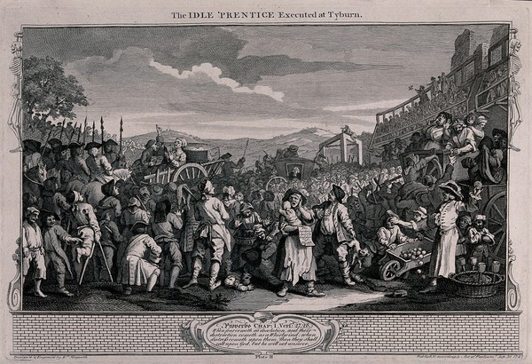 A crowd of spectators wait as Tom Idle is driven in a cart with his coffin to his place of execution and the gallows. Engraving by William Hogarth, 1747.