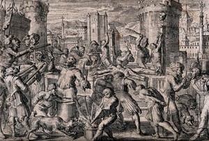 view Soldiers dismembering, torturing and killing civilians outside town fortifications, probably during a siege. Etching by R. de Hooghe [?].