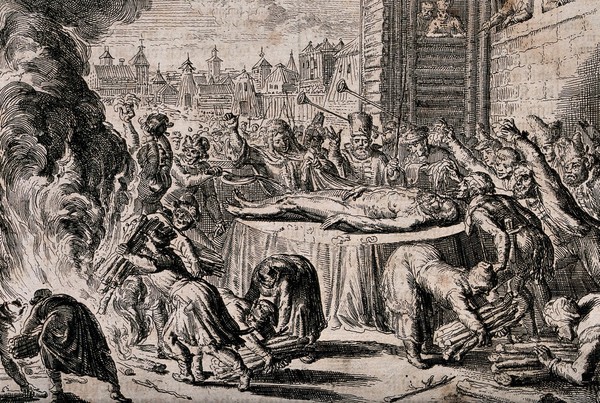 The body of an old man is laid out naked in state outside the wooden fortifications of a town and mocked and insulted by a mob lighting a bonfire. Etching [by Romeyn de Hooghe].