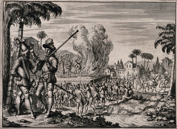 Two soldiers exchange pleasantries in the foreground while men are burnt on the stake in the background and scourged while being tied to a horse. Etching with engraving.
