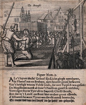 view Execution by sword and by hanging of men that refused to convert to Papism in Brussels. Etching.