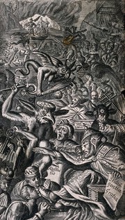 The torture of Roman Catholics by monsters in hell, with Charon ferrying more departed souls over the river Styx. Engraving with etching.