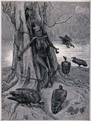 view The naked body of a woman is strapped to a tree surrounded by vultures waiting for her impending death. Wood engraving.