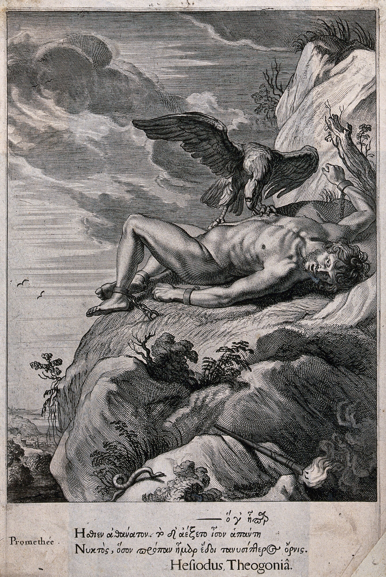 Prometheus bound to a rock, his liver eaten by an eagle and his torch ...