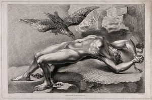 view Prometheus bound to a rock, his liver eaten by an eagle. Crayon manner print by Lucien after P.T. Leclerc.