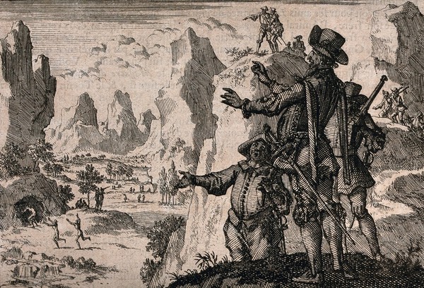 Soldiers standing on moutain crags watching naked people being driven into their shelters in the mountains in the valley. Etching.