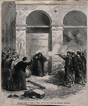 Execution of a woman in Paris for spreading petroleum. Wood engraving.