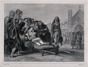 view Charles-Melchior Artus de Bonchamps, a Royalist leader, on his deathbed after the battle of Cholet, requests that captured Republican soldiers be spared execution. Etching by A. Burdet, 1845, after D. Raffet, 1841.