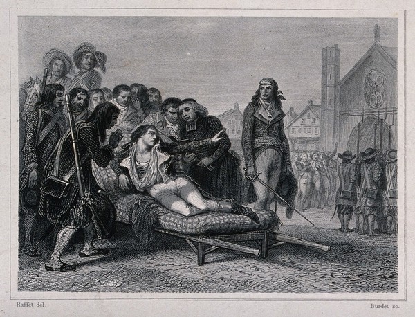 Charles-Melchior Artus de Bonchamps, a Royalist leader, on his deathbed after the battle of Cholet, requests that captured Republican soldiers be spared execution. Etching by A. Burdet, 1845, after D. Raffet, 1841.