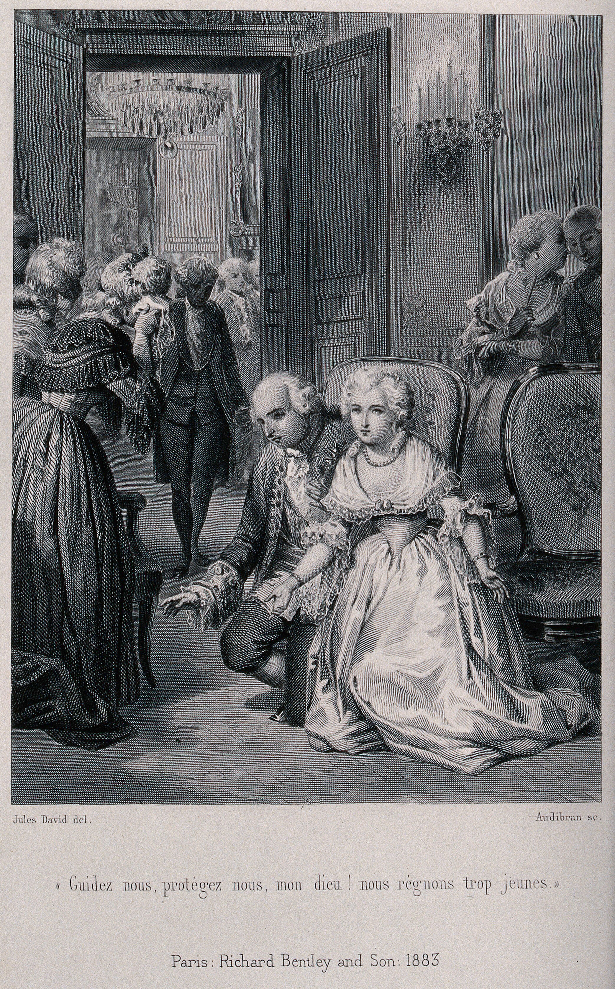 King Louis XVI and Marie Antoinette kneel in prayer as Louis becomes king of France on the death ...