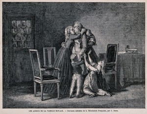 view Louis XVI's farewell from his wife Marie Antoinette and their distressed children. Wood engraving by J.B.C Carbonneau after J. R. Charlerie.