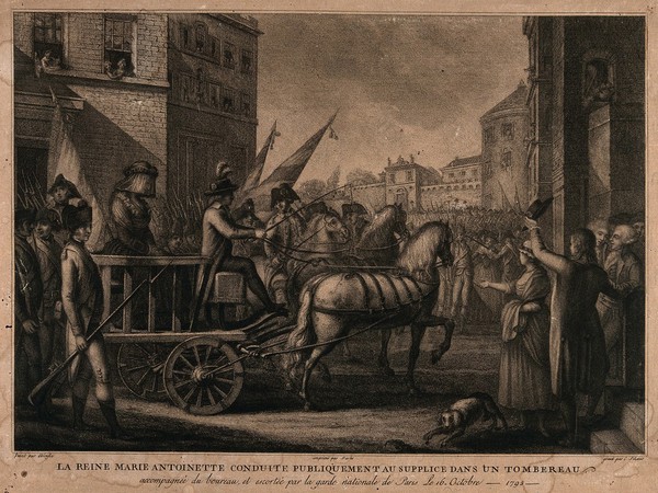 Queen Marie Antoinette led to her execution on a horse-cart on the 16th of October 1793. Aquatint with engraving by C. Silanio after Aloisin, 1793.
