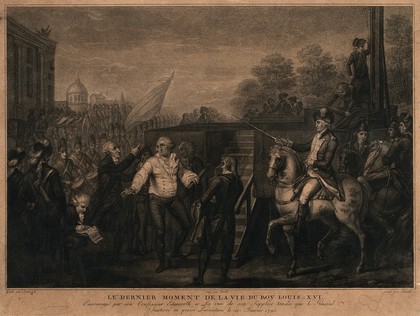 King Louis XVI of France bids his farewell to the people of Paris while ascending the stairs to the scaffold where he was guillotined on the 21 January 1793. Aquatint with engraving by C. Silanio after C. Benazech, 1793.