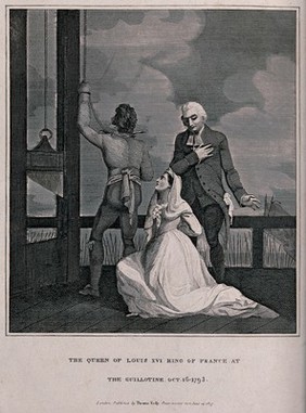 Marie Antoinette, Queen of France, kneeling before the guillotine next to her confessor on the day of her execution, 16 October 1793. Line engraving with etching, 1815.