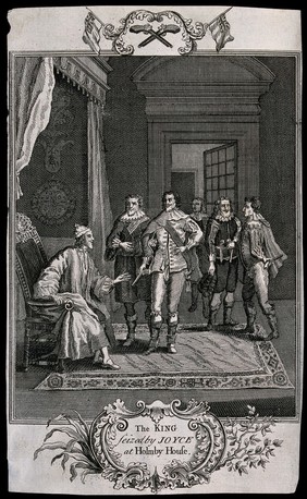 King Charles I at Holdenby House (Holmby House), Northamptonshire, is summoned by Cornet Joyce, who shows the King his pistol as his authority. Engraving after P. Angelis.