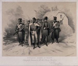 view Hungarian soldiers apprehended and led away in chains. Lithograph by A. Allemand after H. O'Neill.