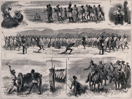 Scenes from the Zulu wars, including a Zulu ceremony, the flogging of a deserter and a Zulu warrior giving himself up to English soldiers. Wood engraving.